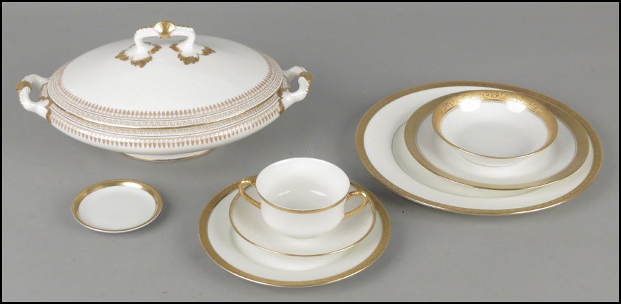 SET OF TWELVE CAULDON GILT PORCELAIN DINNER PL: SET OF TWELVE CAULDON GILT PORCELAIN DINNER PLATES. Together with ten Nippon gilt porcelain salad plates, and gilt porcelain bouillon cups and fruit bowls