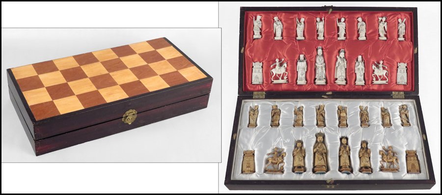 CHINESE CARVED IVORY CHESS SET.: CHINESE CARVED IVORY CHESS SET. Contained in a chessboard box Tallest figure: 5.5"