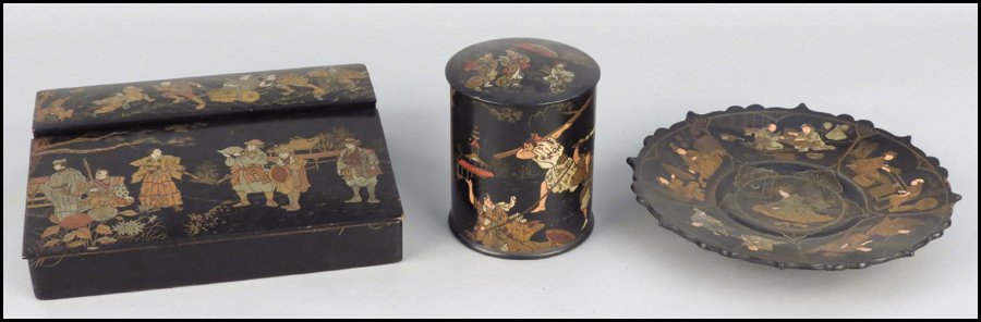 GROUP OF PAPIER MACHE LACQUERED TABLE ACCESSOR: GROUP OF PAPIER MACHE LACQUERED TABLE ACCESSORIES. Comprised of an ink box, a cylinder box, and a tray Box height 5"