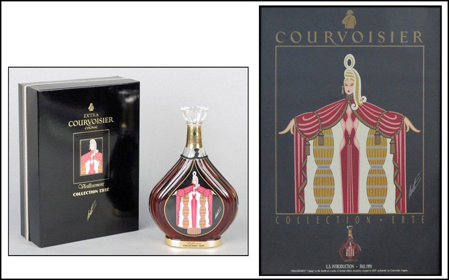 COLLECTION ERTE COURVOISIER COGNAC.: COLLECTION ERTE COURVOISIER COGNAC. "Vieillissement," number 284, with original box and COA/registration cards. Together with a framed Erte Courvoisier poster depicting the same image as the bottle; F