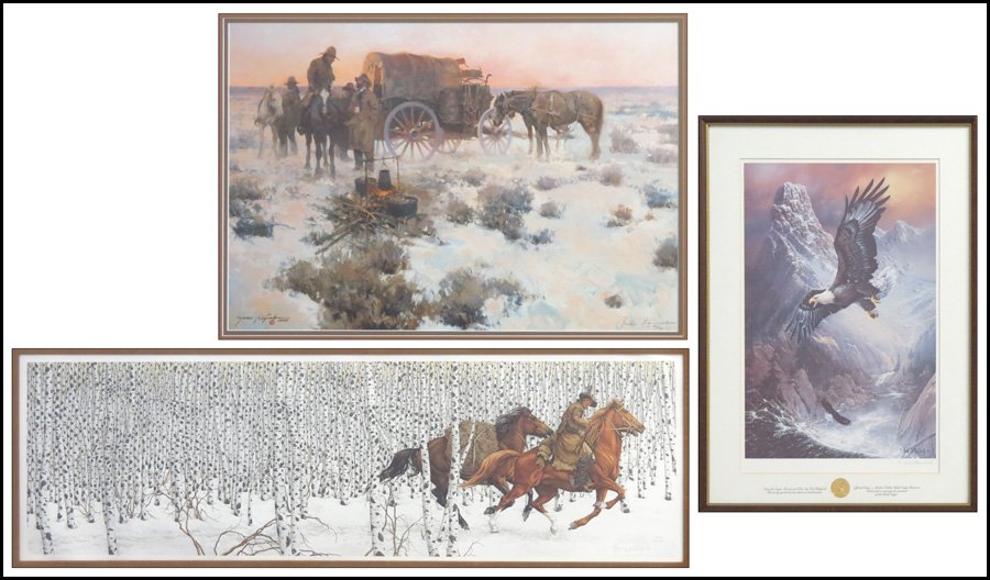 GROUP OF THREE FRAMED WESTERN & WILDLIFE PRINT: GROUP OF THREE FRAMED WESTERN & WILDLIFE PRINTS. James Reynolds: Cold Country Hot Coffee, offset lithograph, signed and numbered in pencil lower right, edition 669/1000 (26.50" x 34.50" frame). Ted Bl