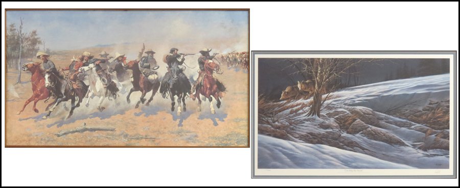 TERRY REDLIN (AMERICAN, B.1936) CATCHING THE S: TERRY REDLIN (AMERICAN, B.1936) CATCHING THE SCENT. Offset lithograph, signed in pencil lower right, edition 616/2400 (26.75" x 38" frame). Together with a framed reproduction print after Frederic Rem