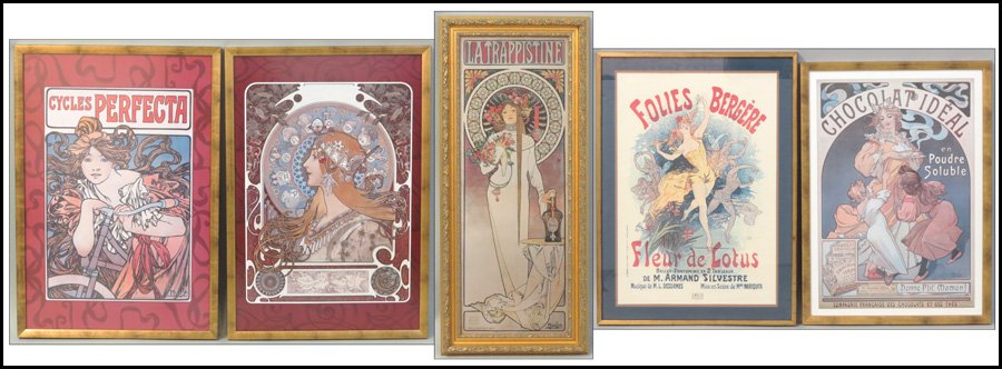 GROUP OF FOUR FRAMED REPRODUCTION PRINTS AFTER: GROUP OF FOUR FRAMED REPRODUCTION PRINTS AFTER ALPHONSE MUCHA. Various sizes; Largest frame: 37.75" x 25.75". Together with a reproduction poster Folies Bergere, Bulovic Art Co. after Cheret