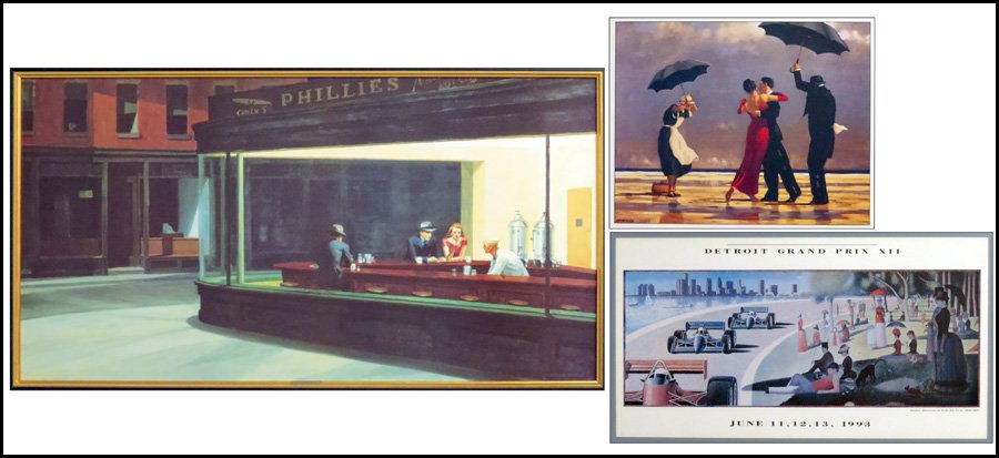 GROUP OF THREE ASSORTED FRAMED DECORATIVE PRIN: GROUP OF THREE ASSORTED FRAMED DECORATIVE PRINTS. Nighthawks: giclee on canvas after Edward Hopper (33" x 57" frame). Sunday Afternoon at Belle Isle Park/Detroit Grand Prix: offset lithograph after Ge