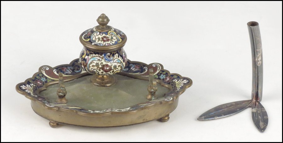 CHAMPLEVE ENAMEL AND GREEN ONYX PEN TRAY INKWE: CHAMPLEVE ENAMEL AND GREEN ONYX PEN TRAY INKWELL. Together with a sterling silver pen stand 3" x 6" x 3.5"