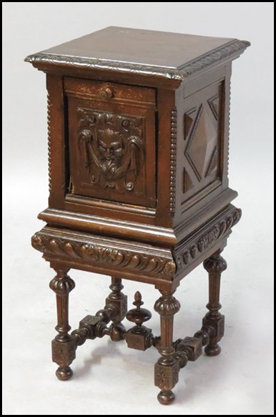 TUDOR STYLE CARVED OAK NIGHTSTAND.: TUDOR STYLE CARVED OAK NIGHTSTAND. H: 34" W: 16" D: 16"