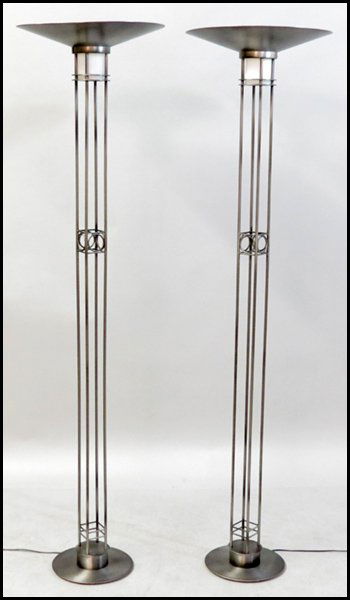 PAIR OF ROBERT SONNEMAN, FOR GEORGE KOVACS, BR: PAIR OF ROBERT SONNEMAN, FOR GEORGE KOVACS, BRUSHED STEEL FLOOR LAMPS. Height 71"