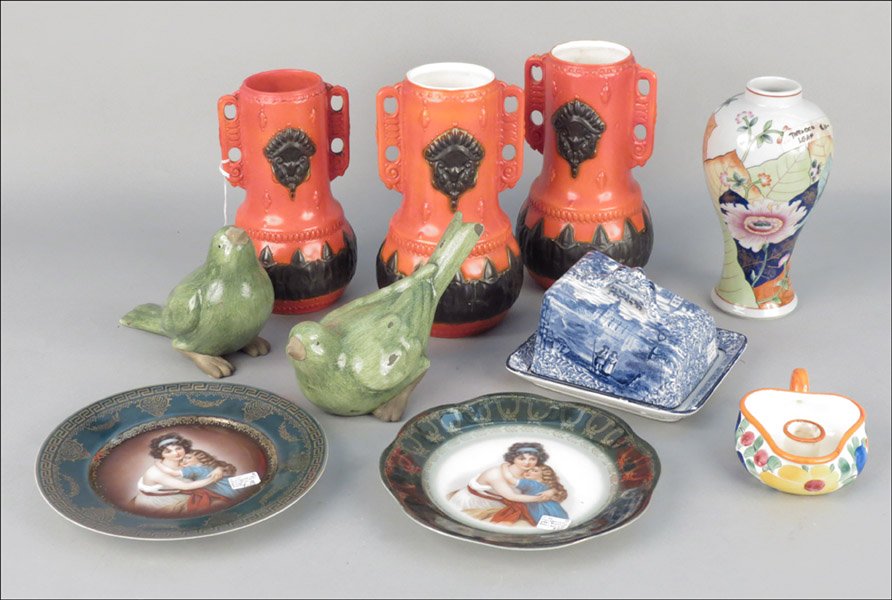 THREE OF CZECH POCELAIN VASES.: THREE OF CZECH POCELAIN VASES. Together with a pair of ceramic bird forms, a ceramic candle stand, a pocelain vase, a pocelain cheese dome, and two Bavarian pocelain plates 10.5"