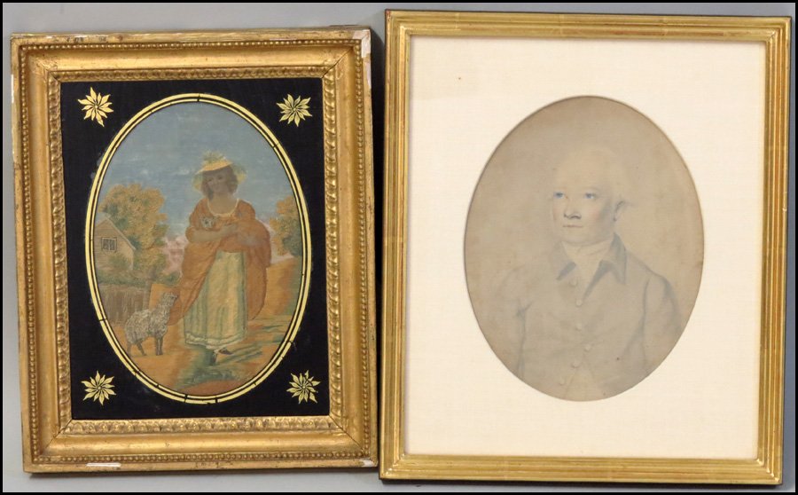 PIERCY ROBERTS (ENGLISH, ACTIVE 1795 - 1825) : PIERCY ROBERTS (ENGLISH, ACTIVE 1795 - 1825) ENGRAVED PORTRAIT OF A GENTLEMAN, 1783. Signed and dated in plate LR. Together with painted and embroidered silk farm scene sight 9.5" x 7.5"