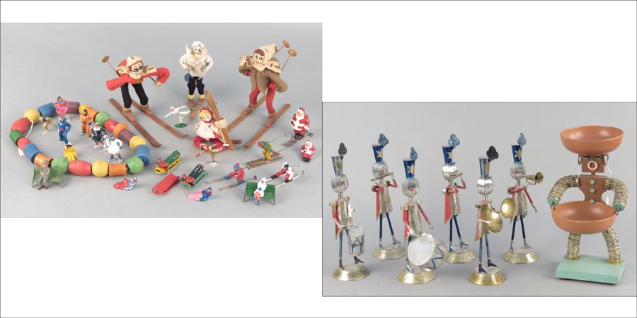 COLLECTION OF BARCLAY LEAD SKIER TOYS.: COLLECTION OF BARCLAY LEAD SKIER TOYS. Together with four Napco skier dolls, a set of six tin soilder band figures, a string of wood beads, and a bottle cap art figure with dishes