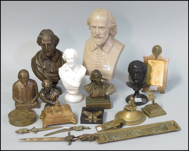 COLLECTION OF SEVEN WILLIAM SHAKESPEARE BUSTS.: COLLECTION OF SEVEN WILLIAM SHAKESPEARE BUSTS. Together with a variety of brass desk accessories Tallest height 12"