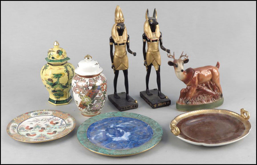 FITZ AND FLOYD CERAMIC HANDLED PLATTER.: FITZ AND FLOYD CERAMIC HANDLED PLATTER. Together with two porcelain covered jars, two resin Egyptianate figures, two porcelain plates, and one deer form bottle