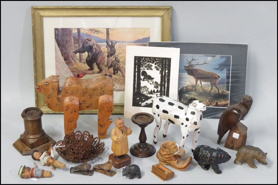 COLLECTION OF FOLK ART CARVED WOOD DECORATIVE : COLLECTION OF FOLK ART CARVED WOOD DECORATIVE ITEMS. Including various figures and animals. Together with two landscape prints and a cut paper scene