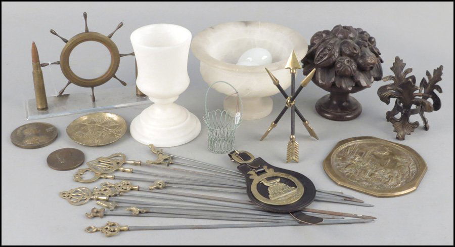 A COLLECTION OF DECORATIVE ITEMS.: A COLLECTION OF DECORATIVE ITEMS. Including two carved alabaster cups, a trench art frame, and other various items