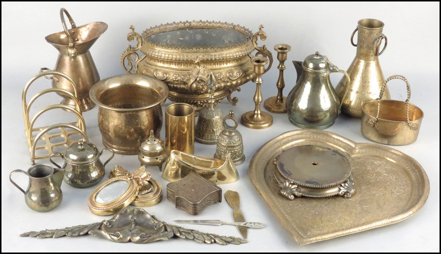 PATINATED BRASS JARDINIERE.: PATINATED BRASS JARDINIERE. Together with brass candlesticks, letter rack, basket, a tray, and various table articles Jardiniere: 8" x 16" x 8"