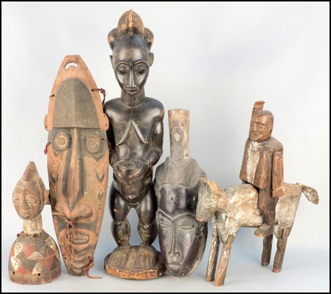AFRICAN HELMET MASK, MOSSI TRIBE.: AFRICAN HELMET MASK, MOSSI TRIBE. From Koudougou. Together with an African carved wood fertility figure, Two African carved wood masks, and a Guatemalan carved wood horse and rider 11"