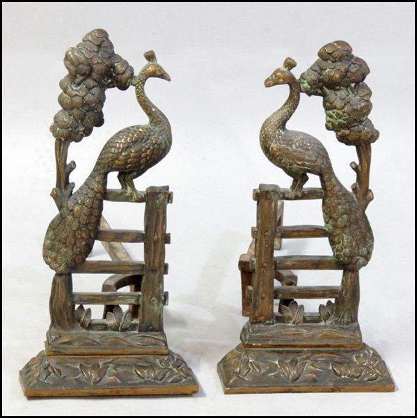 PAIR OF PEACOCK FORM ANDIRONS.: PAIR OF PEACOCK FORM ANDIRONS. H:21"