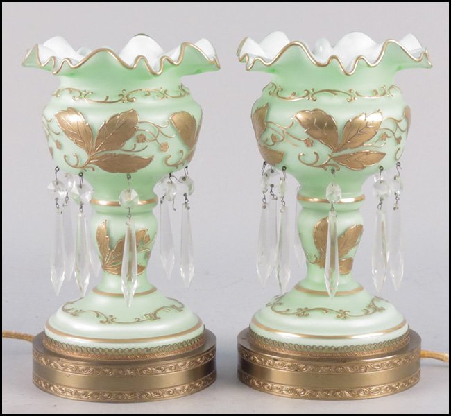 PAIR OF GILT OPALINE GLASS TABLE LAMPS WITH LU: PAIR OF GILT OPALINE GLASS TABLE LAMPS WITH LUSTERS. Height 11"