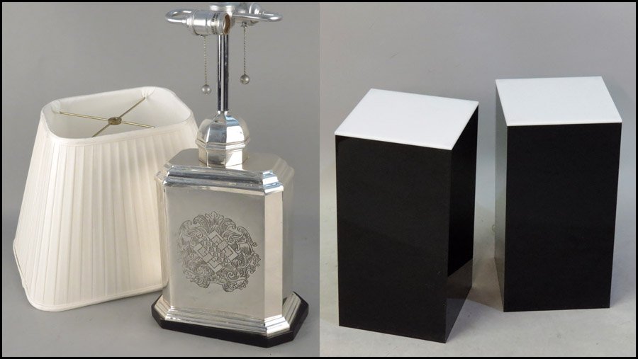 FREDRICK COOPER METAL CANISTER LAMP.: FREDRICK COOPER METAL CANISTER LAMP. Together with a pair of electrified lucite pedestals (20" x 10.5" x 10.5") Height 15"
