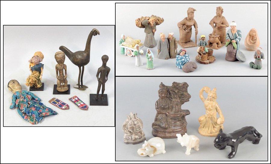 COLLECTION OF DECORATIVE ITEMS.: COLLECTION OF DECORATIVE ITEMS. Comprised of an African metal guinea hen, and metal and clay figures