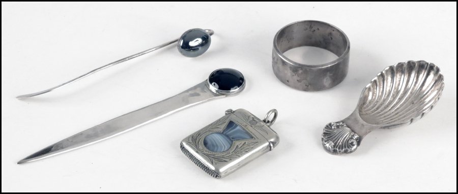 SCOTTISH MATCH SAFE.: SCOTTISH MATCH SAFE. Inlaid with agate in the form of a thistle. Together with an English silver napkin ring with an inlaid thistle, a sterling silver letter opener, a sterling silver page marker, and