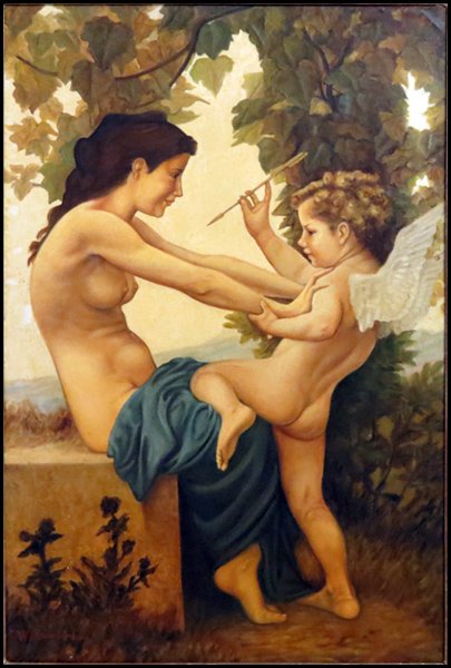 AFTER WILLIAM BOUGUEREAU (1825-1905) YOUNG GIR: AFTER WILLIAM BOUGUEREAU (1825-1905) YOUNG GIRL DEFENDING HERSELF AGAINST EROS. Oil on canvas Canvas: 35.5" x 24"