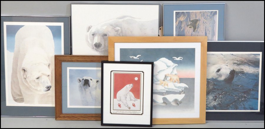 GROUP OF SEVEN ASSORTED FRAMED POLAR BEAR PRIN: GROUP OF SEVEN ASSORTED FRAMED POLAR BEAR PRINTS. Mabel Nigiyok, stencil print, edition 12/35; Reagan Word, offset lithograph, edition 456/1000; Lee Kromschroeder, offset lithograph, edition 467/1200;