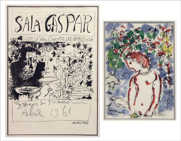 TWO FRAMED WORKS AFTER PICASSO AND CHAGALL.: TWO FRAMED WORKS AFTER PICASSO AND CHAGALL. Sala Gaspar: lithographic poster, Barcelona (31.75' x 22.75" sight); Spring Day: color lithograph, unsigned edition (14.75" x 10.50" sight); Verso (Chagall)