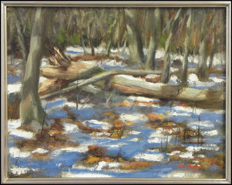 JAYNE BELLOWS (20TH CENTURY) THE FALLEN TREES.: JAYNE BELLOWS (20TH CENTURY) THE FALLEN TREES. Oil on canvas, laid to board, Signed LR Board: 11" x 14" Frame: 17.5" x 20.5"