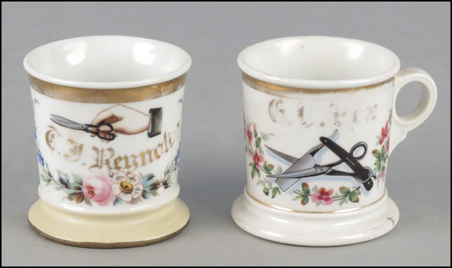 OCCUPATIONAL SHAVING MUG, BARBER SHOP.: OCCUPATIONAL SHAVING MUG, BARBER SHOP. Together with a shaving mug with scissors Barber shop: 3.75"
