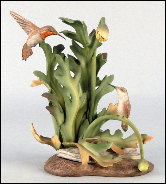 BOEHM BISQUE PORCELAIN, ROFOUS HUMMINGBIRDS.: BOEHM BISQUE PORCELAIN, ROFOUS HUMMINGBIRDS. 487 H: 10" W: 8" D: 5"