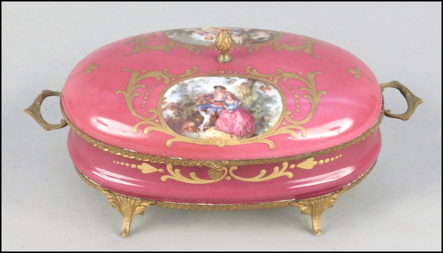 FRENCH FBS PORCELAIN BOX.: FRENCH FBS PORCELAIN BOX. Bearing gilt and transfer decoration H: 5" W: 10.5" D: 6"
