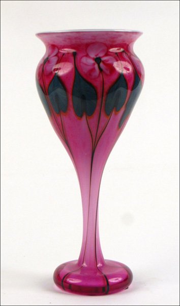 JOHN LOTTON LONG NECK FLORAL GLASS VASE.: JOHN LOTTON LONG NECK FLORAL GLASS VASE. Signed and dated 1994. Together with a 2003 edition of "Lotton Art Glass", signed by David and Daniel Lotton Height: 15"