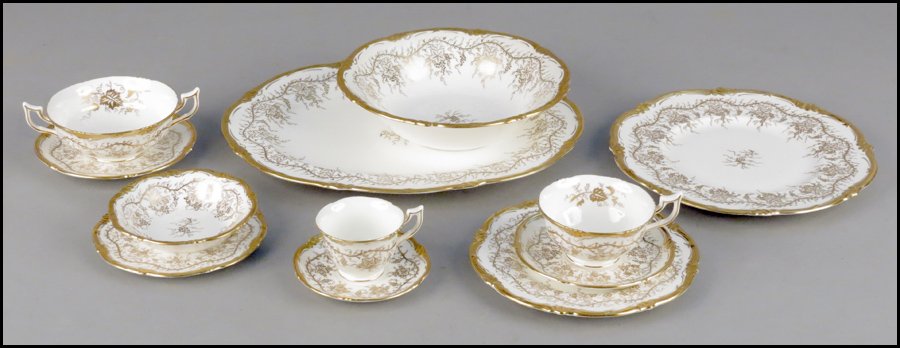 ROYAL CAULDON PORCELAIN DINNER SERVICE IN THE : ROYAL CAULDON PORCELAIN DINNER SERVICE IN THE KING'S PLATE PATTERN. Comprised of ten dinner plates, ten salad plates, nine bread plates, ten teacups, eleven saucers, eight demitasse cups with saucers,