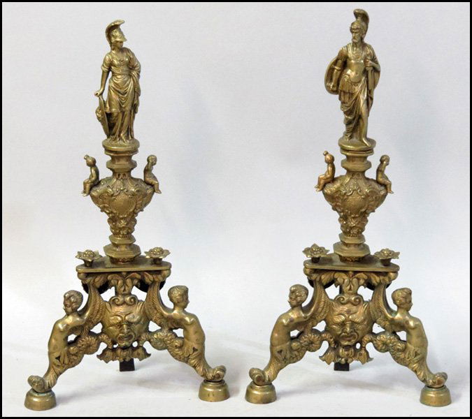 PAIR OF BRONZE ANDIRONS.: PAIR OF BRONZE ANDIRONS. Height: 28"