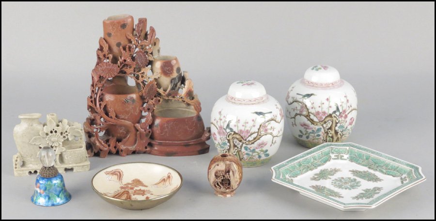 PAIR OF CHINESE PORCELAIN COVERED JARS.: PAIR OF CHINESE PORCELAIN COVERED JARS. Together with a soapstone carving, an enamel bell, a green and white porcelain dish, a Japanese porcelain dish, and a hardstone carving Jar: 5.5" x 5"
