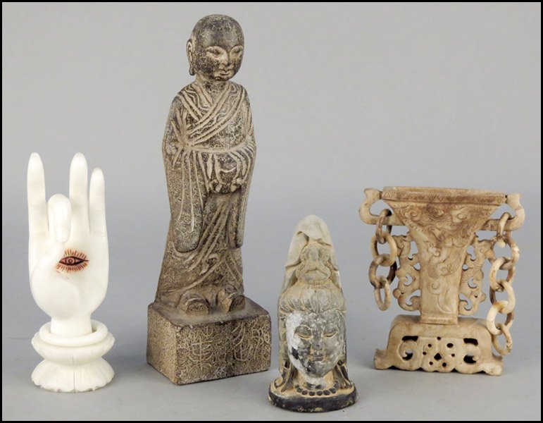 CARVED STONE STANDING BUDDHA.: CARVED STONE STANDING BUDDHA. Together with Buddhist carved stone hand in prayer mudra, deity head, and vessel height 12"