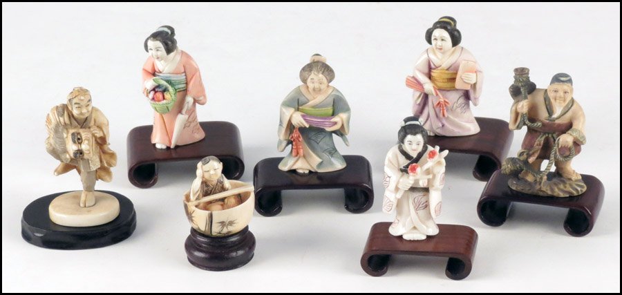 SIX CARVED AND PAINTED IVORY NETSUKES.: SIX CARVED AND PAINTED IVORY NETSUKES. Together with an ivory carving of an actor Tallest: 2"