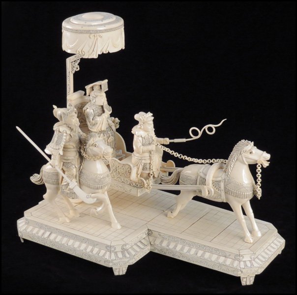 CHINESE CARVED IVORY AND VENEER FIGURAL GROUP.: CHINESE CARVED IVORY AND VENEER FIGURAL GROUP. The Emperor in his chariot L:17"