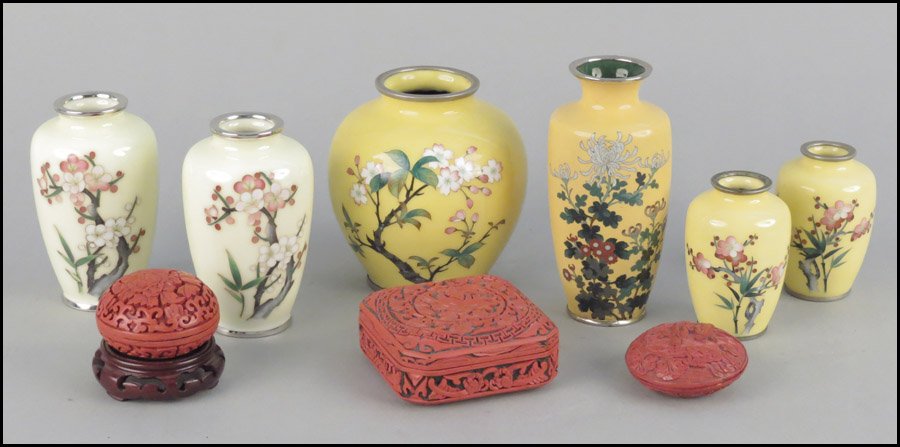TWO PAIRS OF YELLOW GROUND CLOISONNE VASES.: TWO PAIRS OF YELLOW GROUND CLOISONNE VASES. Together with two cloisonne yellow ground vases, and thee faux cinnabar boxes Largest vase: 5" x 4.5"