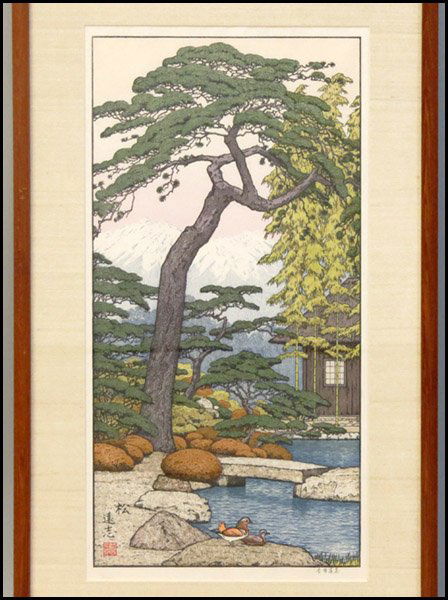 TOSHI YOSHIDA (JAPANESE 1911-1995) PINE TREE O: TOSHI YOSHIDA (JAPANESE 1911-1995) PINE TREE OF THE FRIENDLY GARDEN. Color woodblock, 1980, signed in Japanese in pencil lower right; Verso: Franklin Gallery label; Frame: 30.75' x 15.75" 19.75" x 9.9