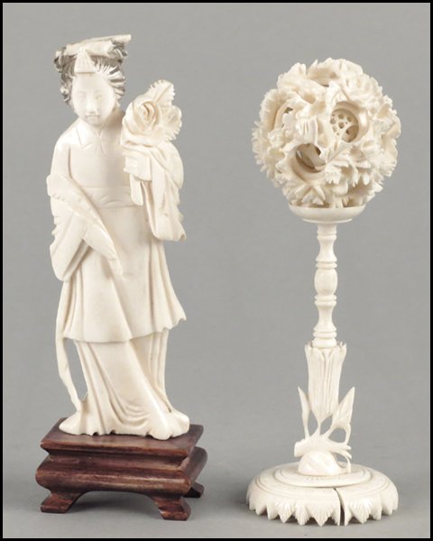 CARVED IVORY FIGURE ON STAND.: CARVED IVORY FIGURE ON STAND. Together with a carved ivory puzzle ball Figure alone: 5"