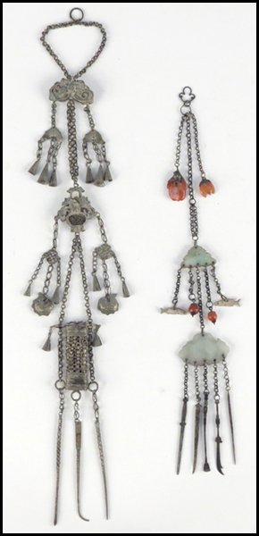CHINESE JADE AND CARNELIAN OPIUM CHATELAINE.: CHINESE JADE AND CARNELIAN OPIUM CHATELAINE. Together with another chatelaine with a three tube compartment above the tools Jade and carnelian chatelaine length: 15"