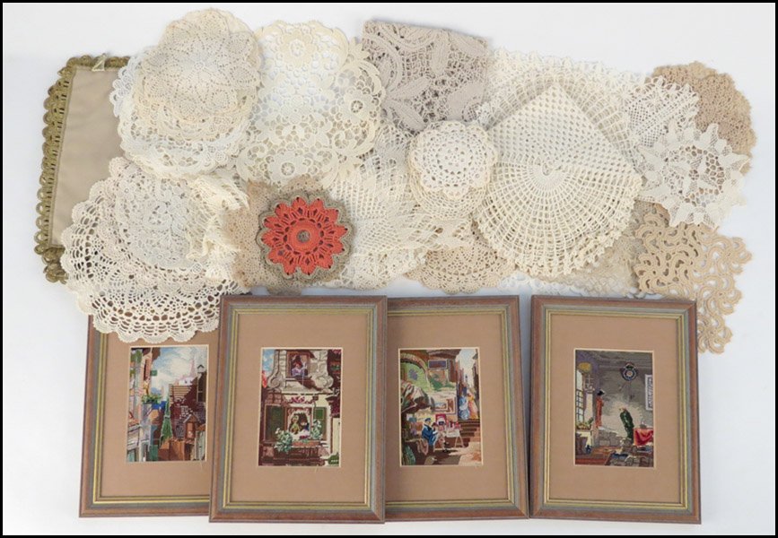GROUP OF FOUR FRAMED PETIT POINT PANELS DEPICT: GROUP OF FOUR FRAMED PETIT POINT PANELS DEPICTING CONTINENTAL SCENES. Together with a group of lace and embroidered table linens Petit point frames: 9.5" x 7.25"