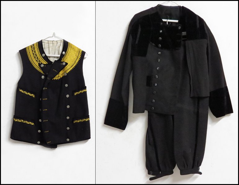 TURKISH KURDISH BLACK WOOL THREE-PIECE CEREMON: TURKISH KURDISH BLACK WOOL THREE-PIECE CEREMONIAL ENSEMBLE. Comprised of a jacket, vest, and short pants. Together with a Turkish Kurdish yellow embroidered wool vest