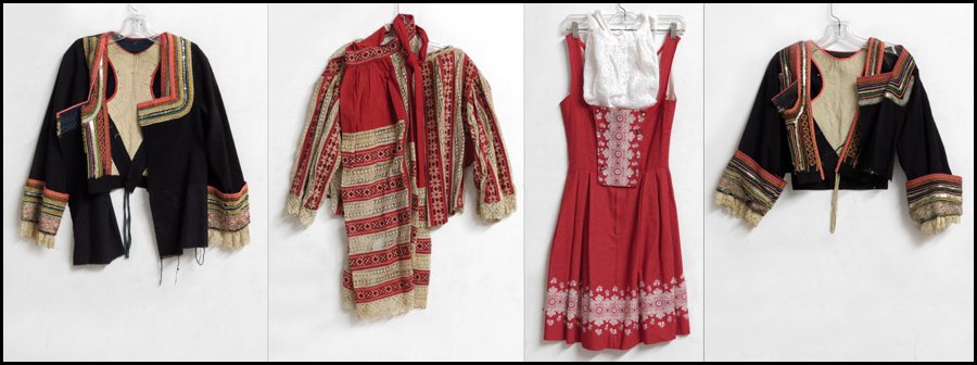 TWO POLISH BLACK WOOL CEREMONIAL ENSEMBLES.: TWO POLISH BLACK WOOL CEREMONIAL ENSEMBLES. Comprising two jackets and two vests; both trimmed in soutache, moire, sequins, and lace. Together with a lace and embrdoidered cotton blouse with apron, an