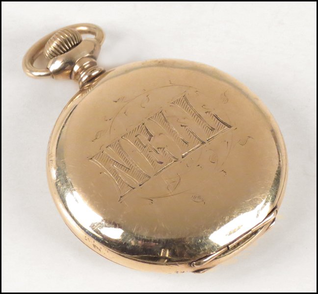 ELGIN 14 KARAT YELLOW GOLD POCKETWATCH.: ELGIN 14 KARAT YELLOW GOLD POCKETWATCH. Front cover is engraved "NELL" Face: 32 mm Case: 36 mm