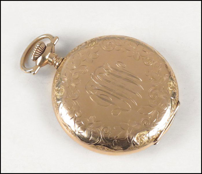 ELGIN POCKET WATCH.: ELGIN POCKET WATCH. Bearing an engraved stag on one side, and a three letter monogram on the other. Movement serial number 6648916 Case diameter: 50mm Face diameter: 38.5mm