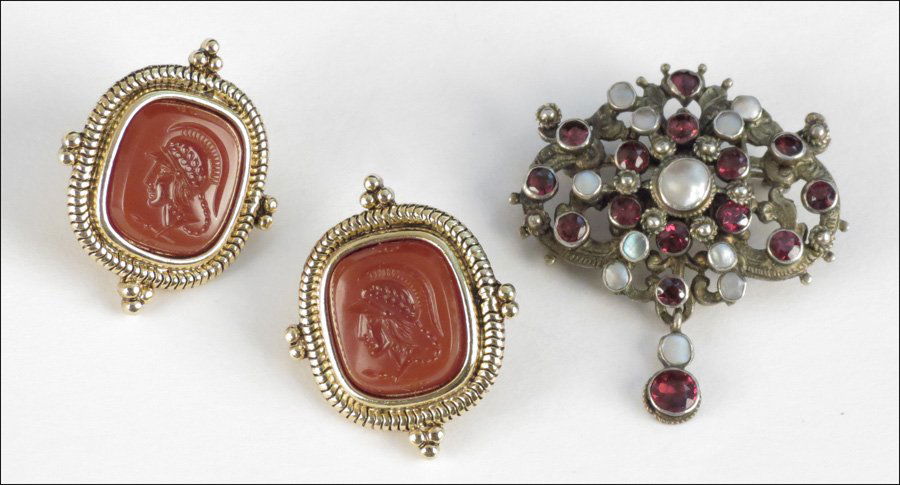 GARNET AND PEARL BROOCH.: GARNET AND PEARL BROOCH. Together with a pair of faux intaglio earrings