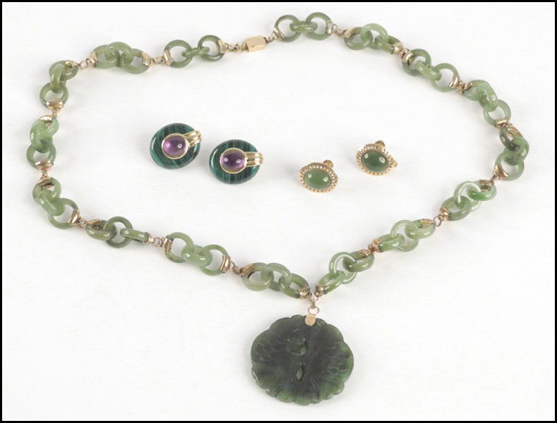 PAIR OF KAI-YIN LO MALACHITE AND AMETHYST EARCL: PAIR OF KAI-YIN LO MALACHITE AND AMETHYST EARCLIPS. Together with a jade link necklace and pair of screwback earrings
